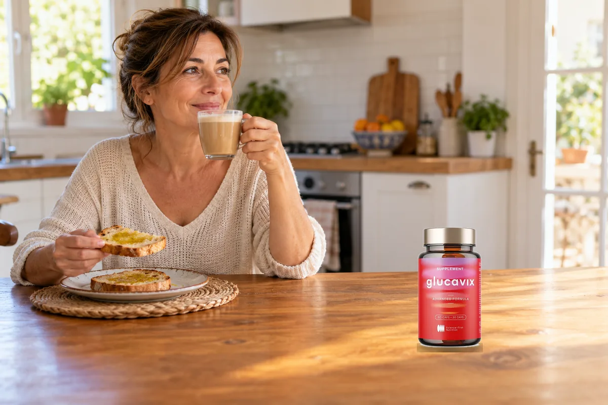 Mujer sosteniendo un bote de Glucavix en el desayuno